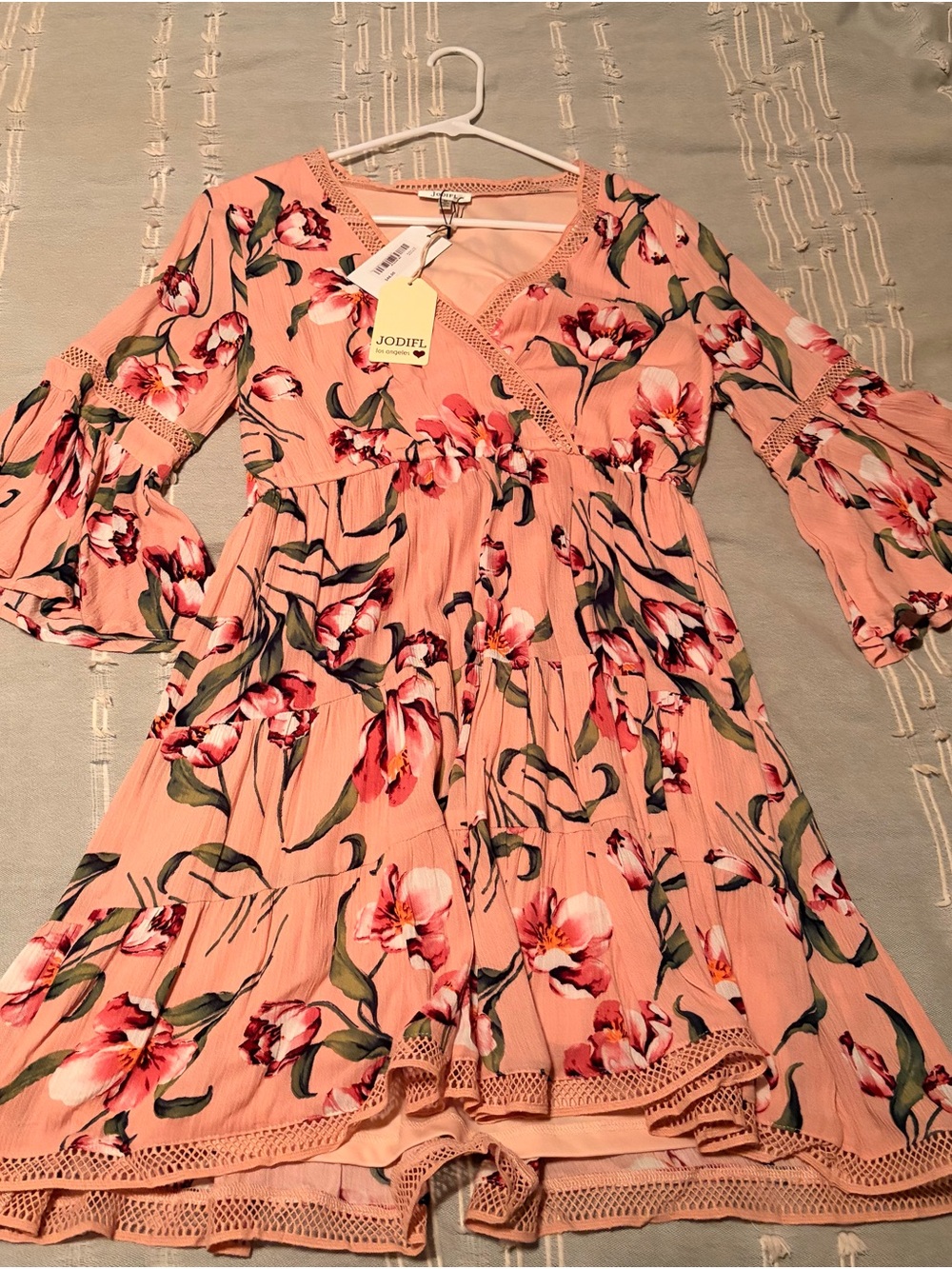 JODIFL Peach Floral Wrap Tiered Mini Dress